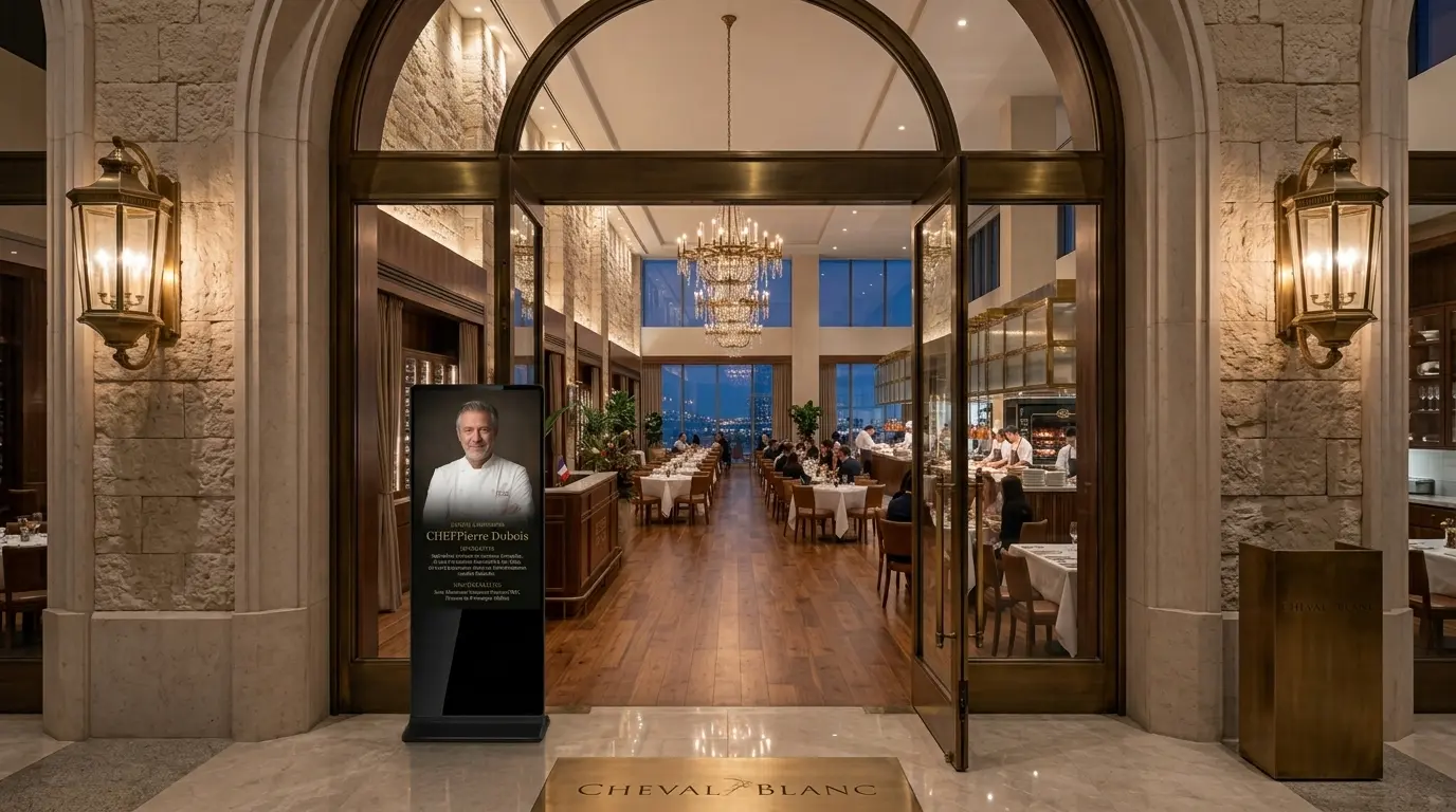 Floor standing digital signage display at fine dining restaurant entrance showing chef introduction