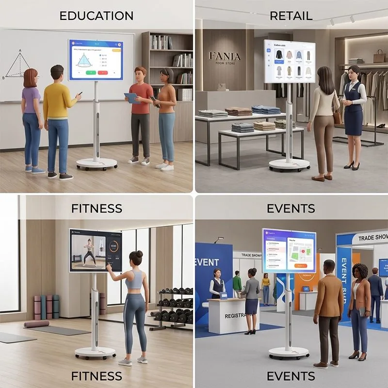 Portable smart TV with movable stand used in modern living room for fitness application