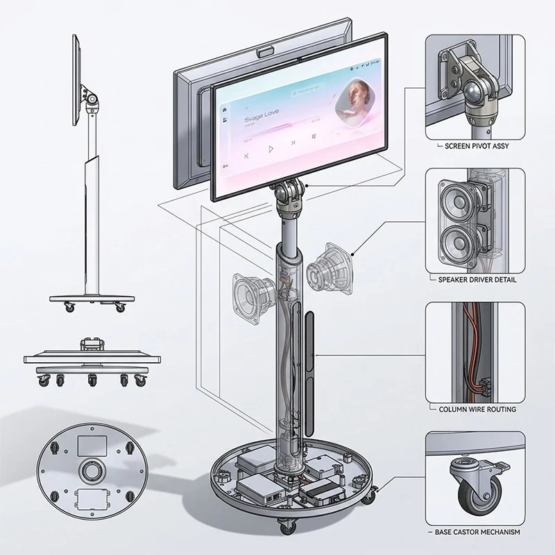 Qtenboard mobile smart touch screen showing 360 degree rotation and height adjustment