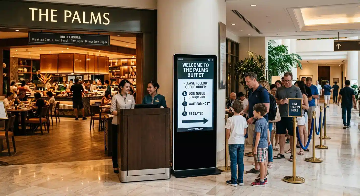 Standing digital signage at the entrance of a hotel buffet restaurant guiding guest queue flow