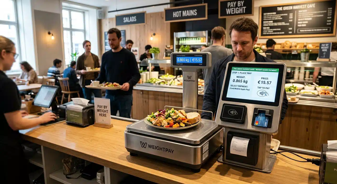 Self-ordering kiosk and desktop weight-based payment kiosk installed at a buffet restaurant checkout counter