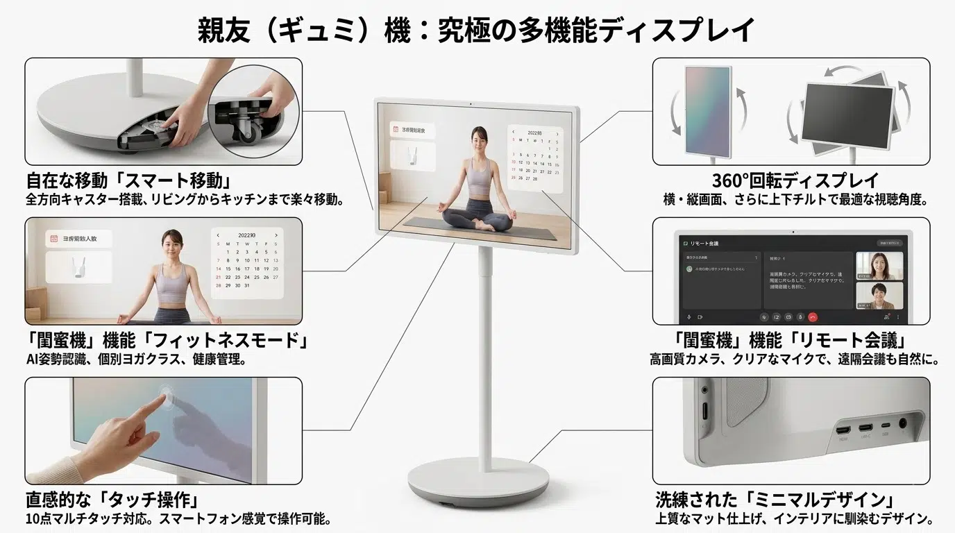 32インチ移動式スマートディスプレイ 製品全体写真、タッチパネル