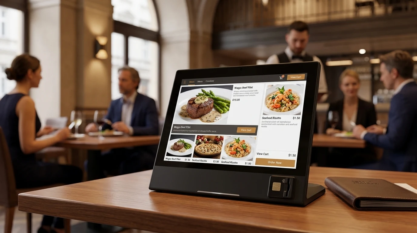 Self-service ordering kiosk with payment module at fine dining restaurant ordering area