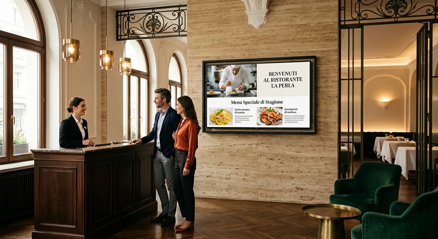 Fine dining restaurant lobby with commercial digital signage display showing seasonal menu