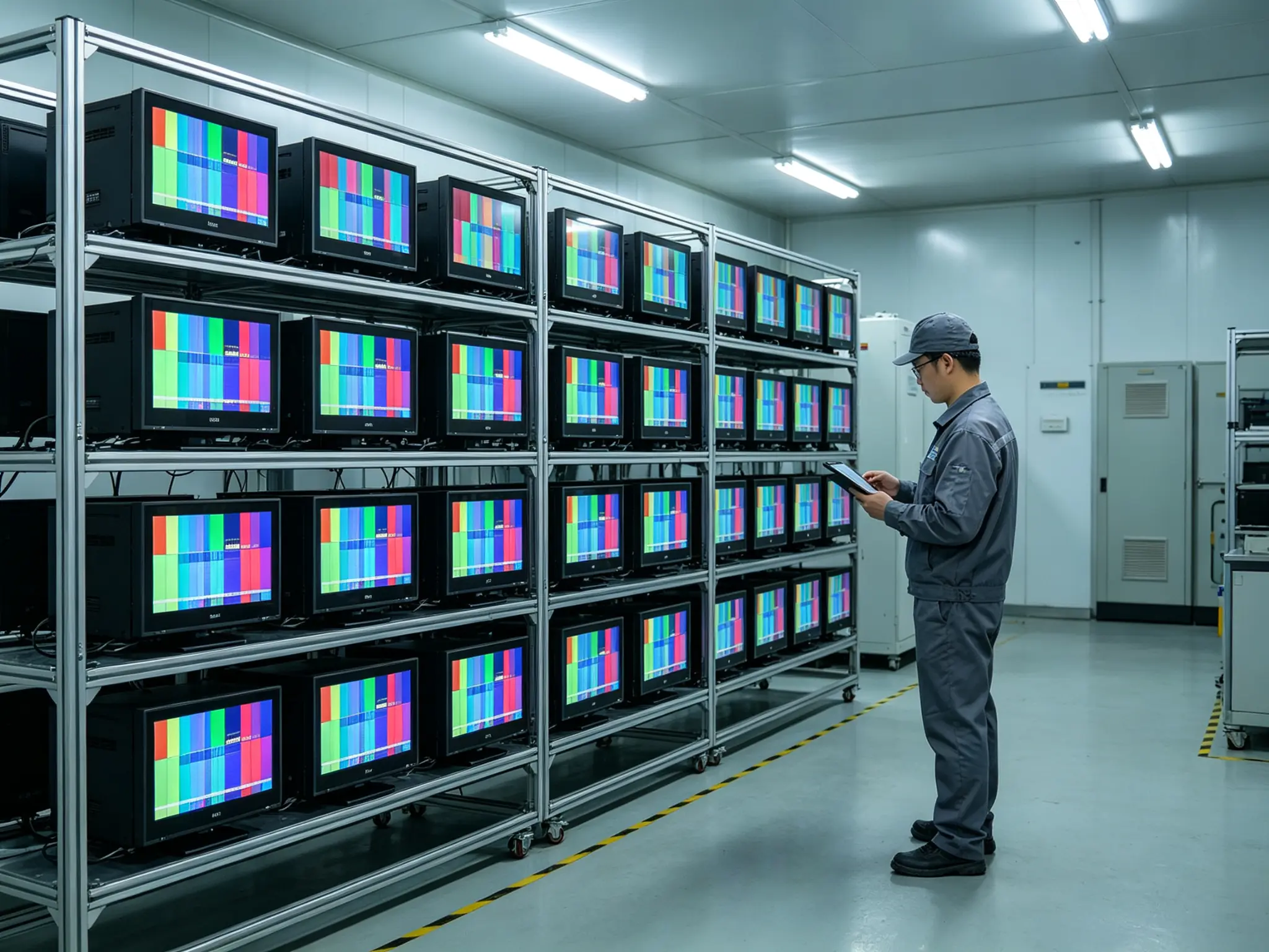 48-hour aging test rack for dual-screen elevator displays ensuring 24/7 operational reliability before shipment