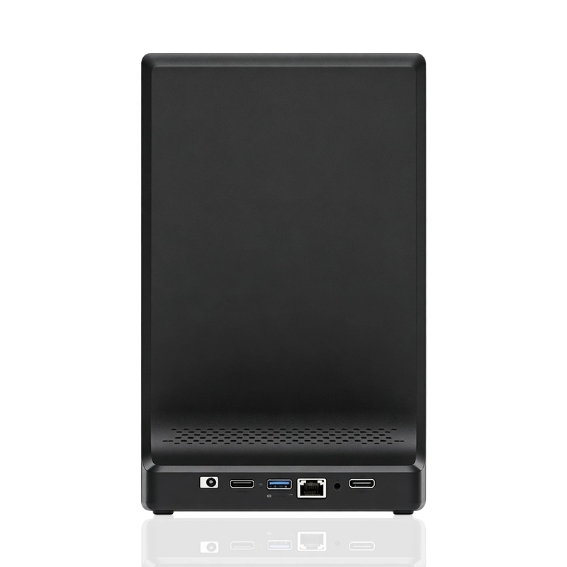 Back view of desktop touch ordering terminal with USB, RJ45 and power ports