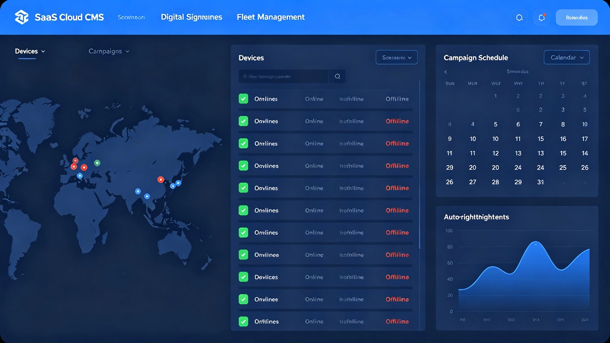 Cloud-based CMS platform dashboard for outdoor transit displays showing device map online and offline status scheduled campaigns and automated brightness control logs