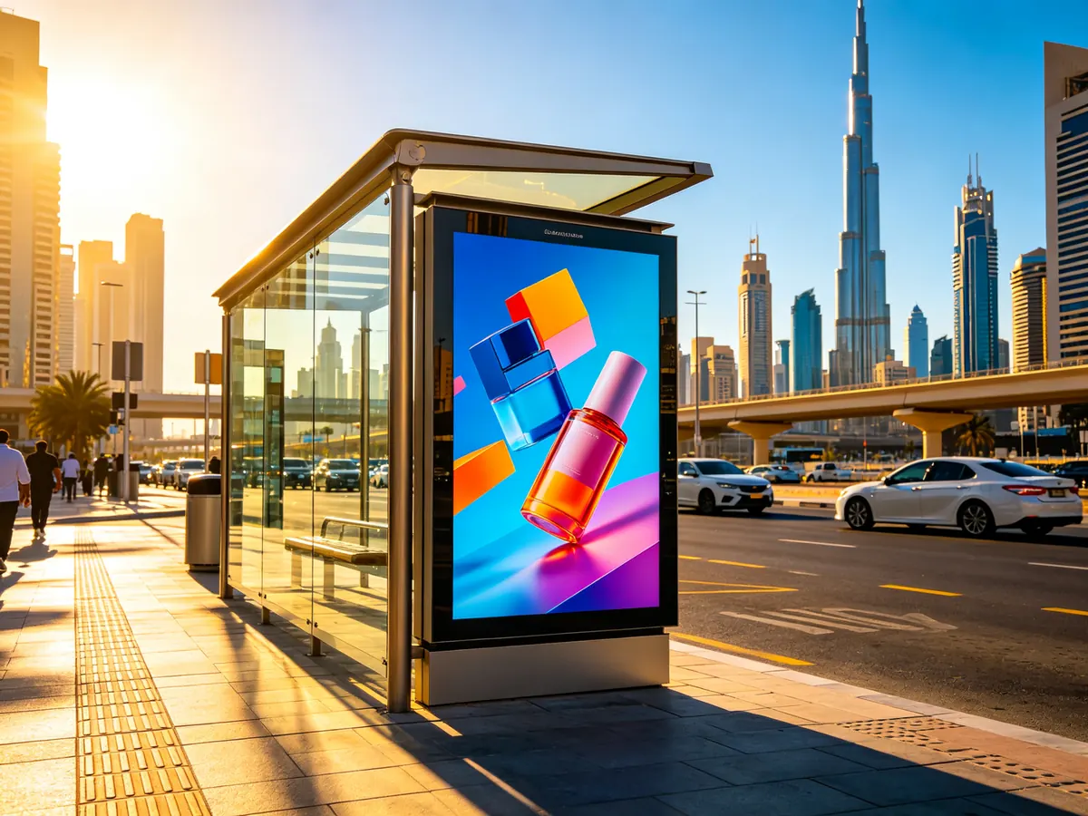 Dubai bus shelter with dual-screen 5000-nit outdoor digital displays operating flawlessly under intense Middle East sun and sandy wind conditions