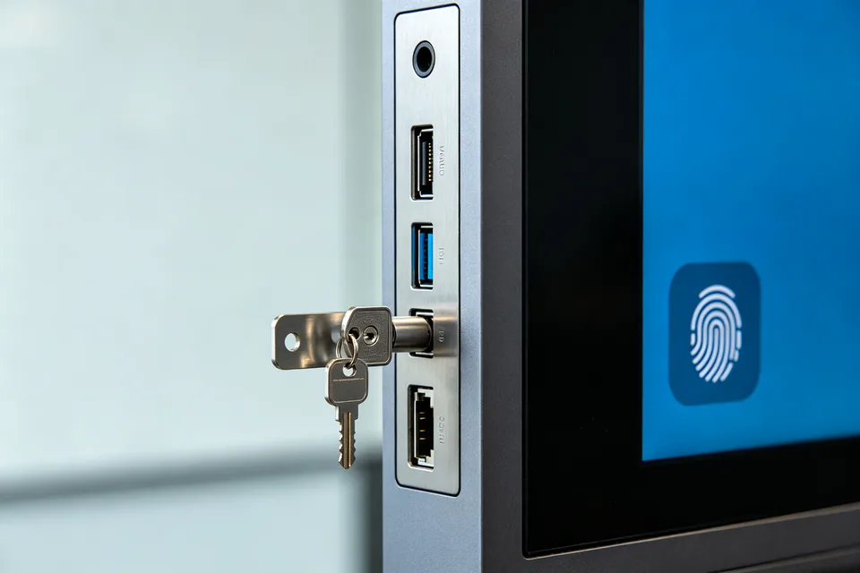 Enterprise security lock and fingerprint unlock on Qtenboard interactive display ports