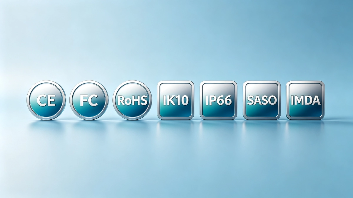 Global compliance certification badges for outdoor transit displays including CE FCC RoHS IK10 IP66 SASO and IMDA verifiable certificates available