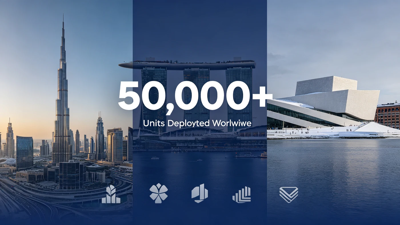 Global trust signals for outdoor bus display manufacturer featuring Dubai RTA Singapore LTA and Oslo transit projects with over 50000 units deployed worldwide