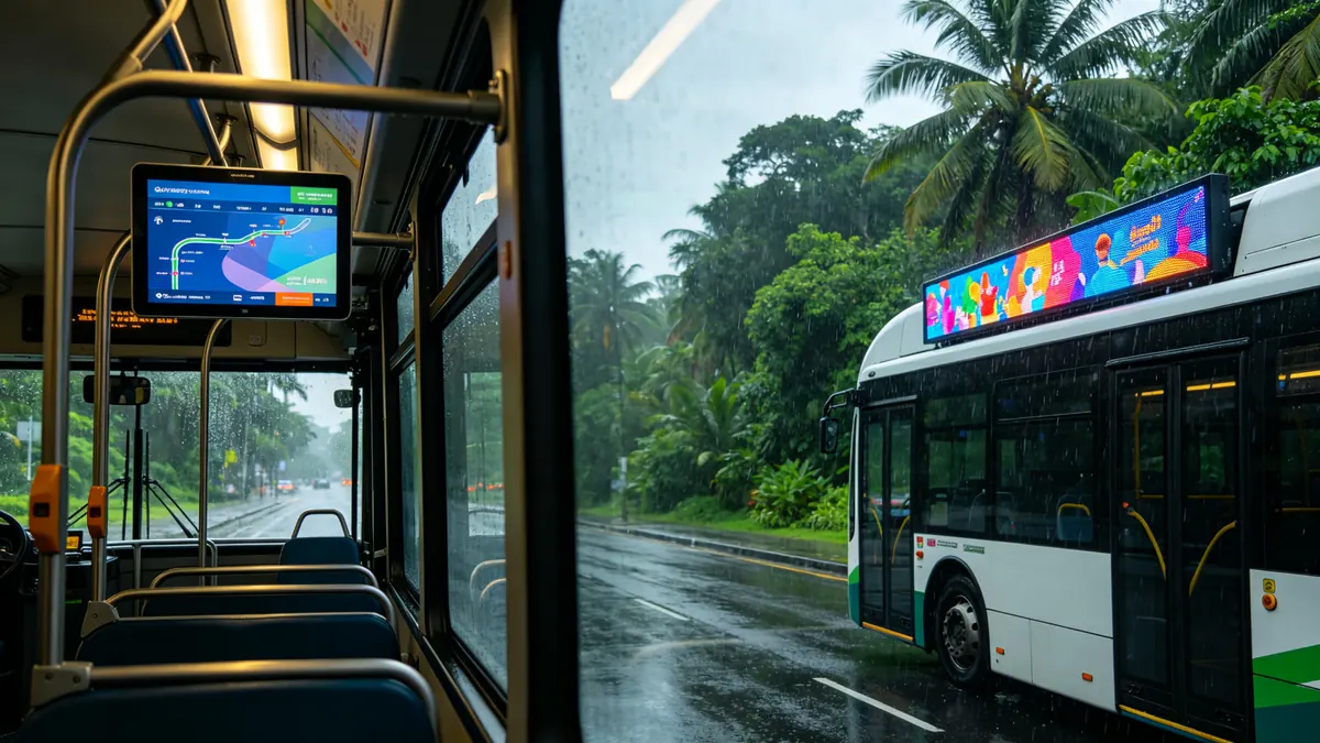 High-humidity resistant bus interior handrail display and exterior side-mounted LED board deployed in Southeast Asia tropical climate with anti-condensation design