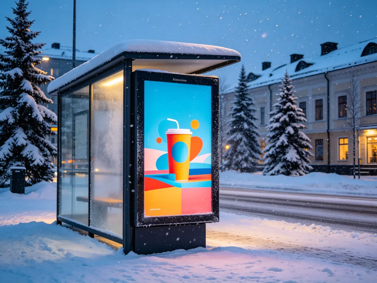 Ice-proof bus stop digital signage operating in Nordic winter with built-in glass heating system preventing frost and snow accumulation on the screen