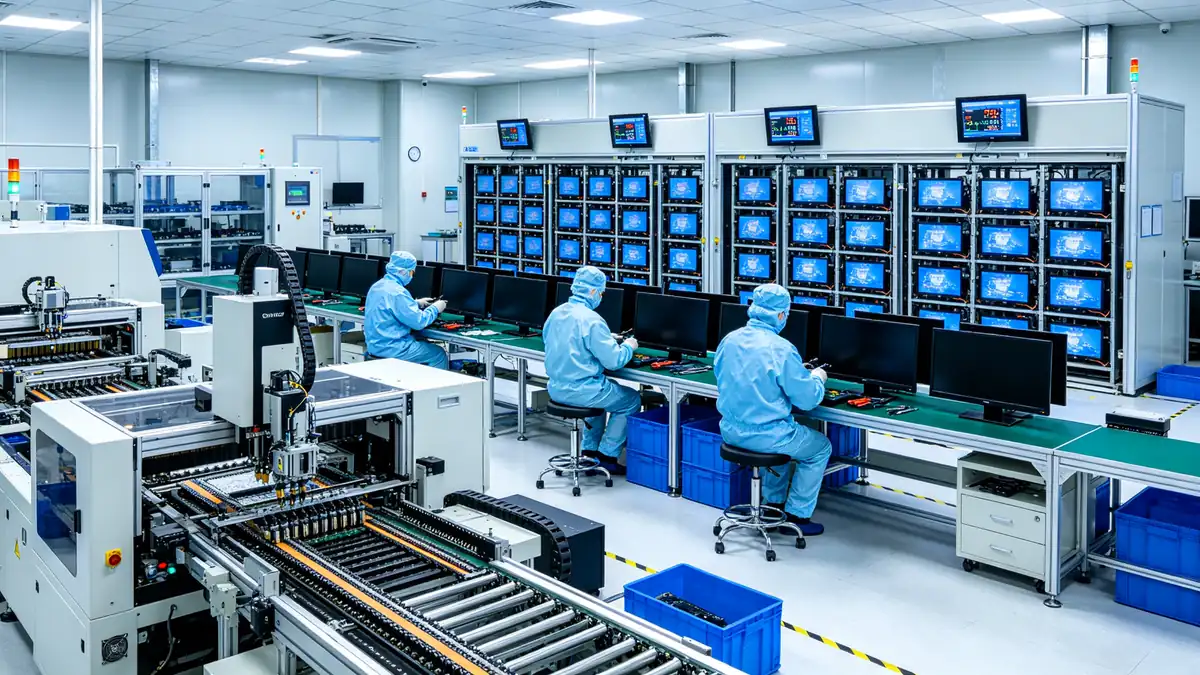 Industrial production line and 48-hour high-temperature aging test room for outdoor bus advertising displays ensuring 24/7 reliability before shipment