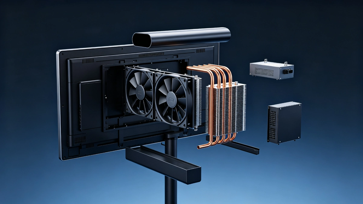 Internal thermal management architecture of outdoor bus display showing sealed cooling duct smart fan array and optional heating module for extreme climates