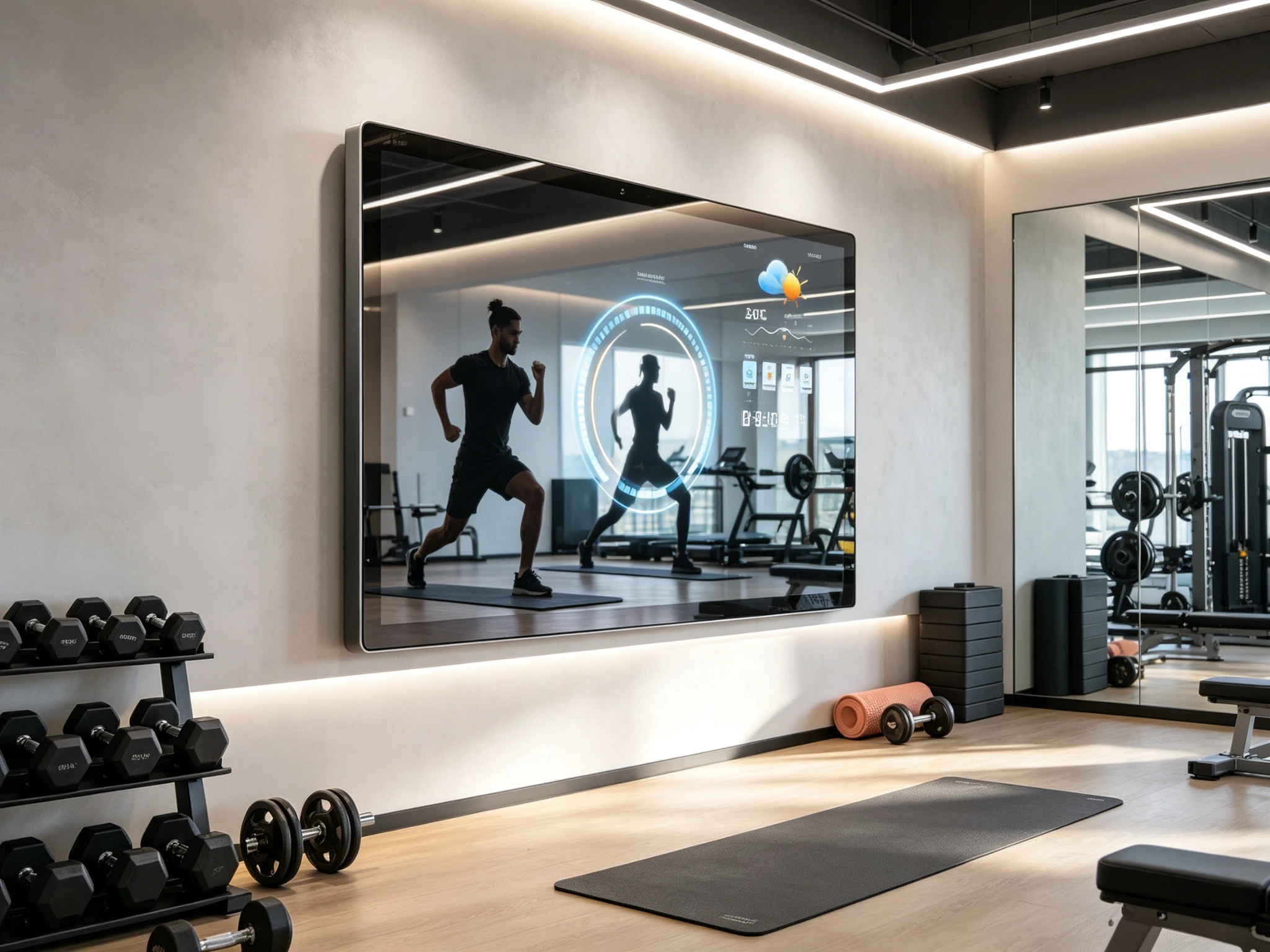 Smart fitness mirror wall mounted with interactive workout interface in home gym, digital touch screen fitness trainer