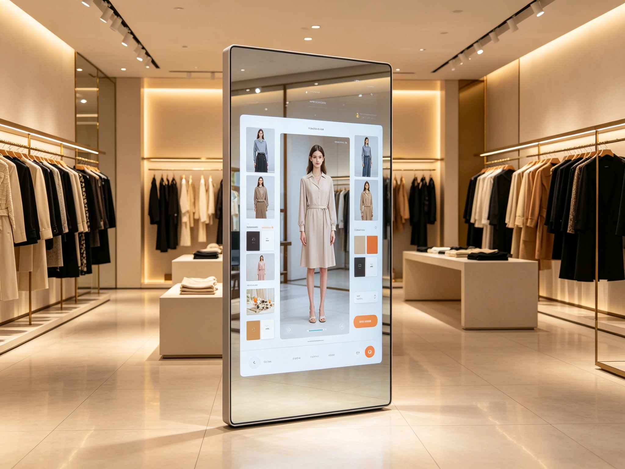 Smart magic mirror virtual fitting kiosk in clothing store, interactive touch screen for garment try-on