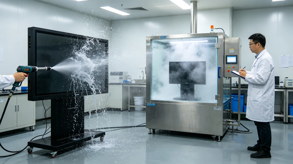 Outdoor IP66 transit display undergoing high-pressure water jet test and 480-hour salt spray corrosion test in quality assurance laboratory