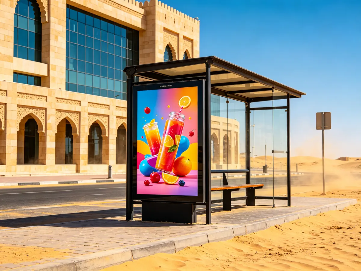 Outdoor bus shelter digital signage installed in Middle East desert climate with sand-resistant casing and 5000-nit brightness fighting intense solar glare