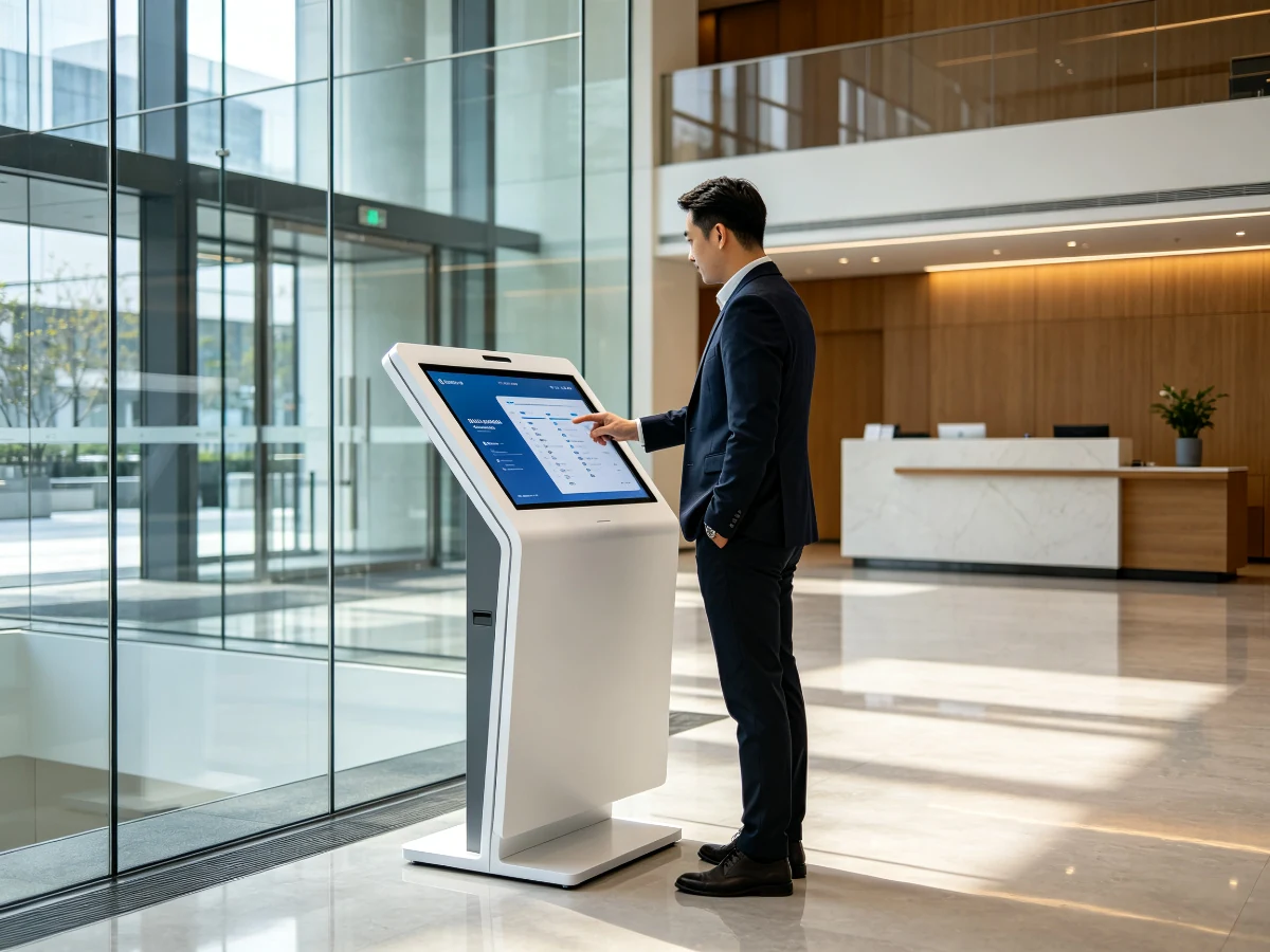Qtenboard K-Type self-service kiosk in corporate lobby