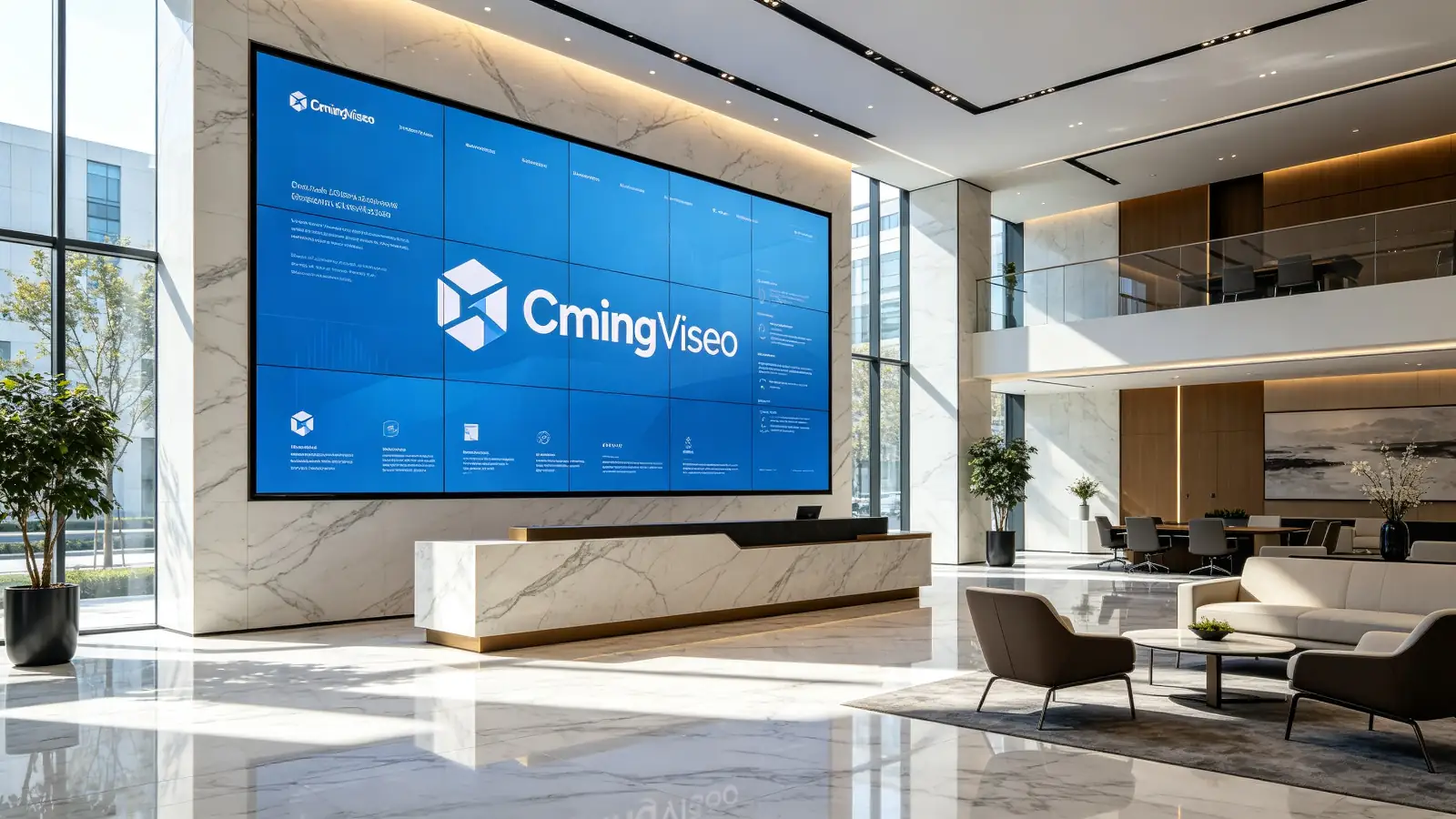 Qtenboard seamless LCD video wall in corporate lobby branding display
