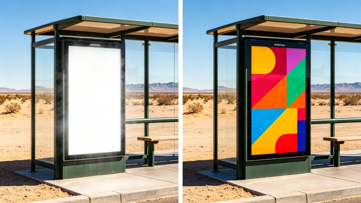 Split-screen comparison showing standard 1500-nit display washed out versus 5000-nit high-brightness bus display remaining vivid under direct desert sunlight