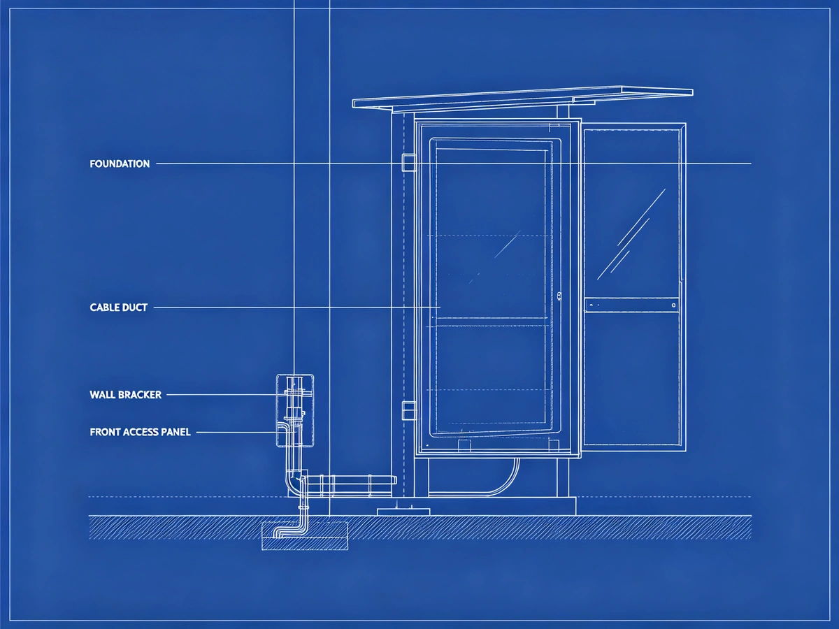 Technical installation diagram for outdoor bus shelter display showing foundation requirements cable conduit routing wall-mount bracket and front-service access panel