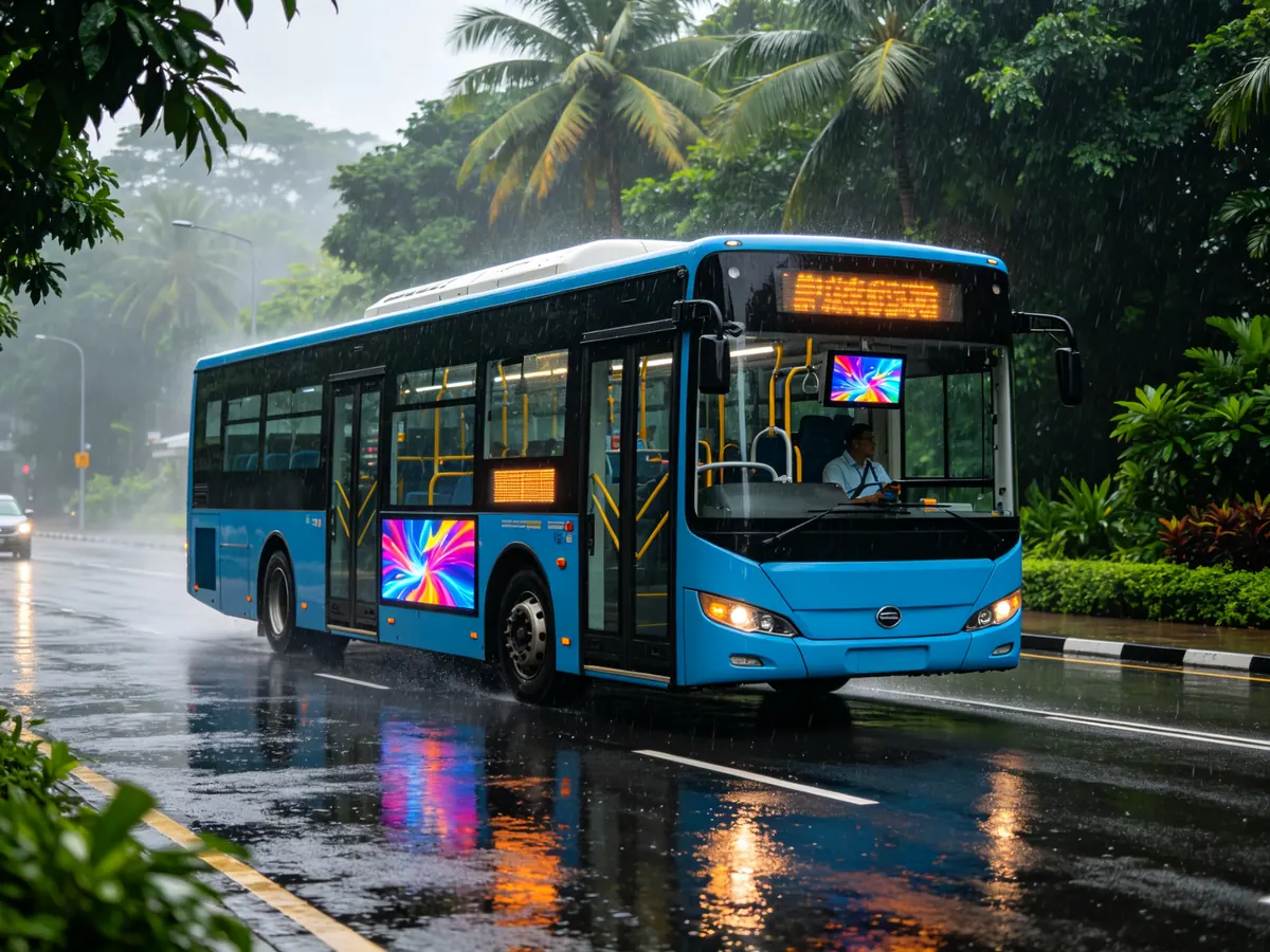 Tropical climate bus fleet in Singapore using anti-corrosion interior handrail displays and exterior LED boards with IP66 waterproofing