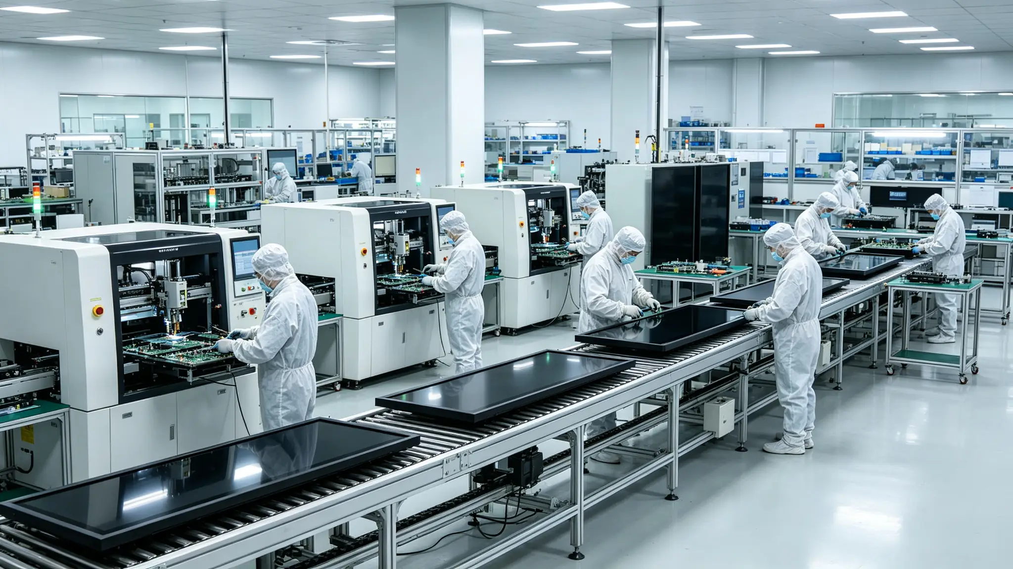 Automated SMT production line and assembly facility for dual-screen elevator digital signage manufacturing with quality control inspection