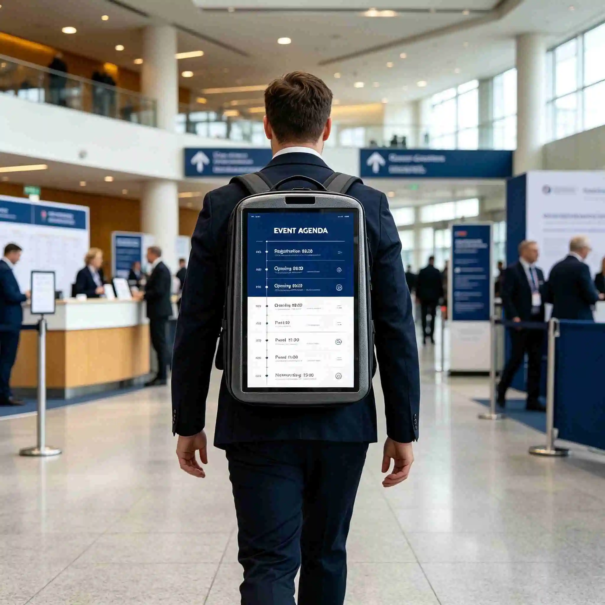 Backpack digital signage wearable screen, businessman in convention center showing event agenda