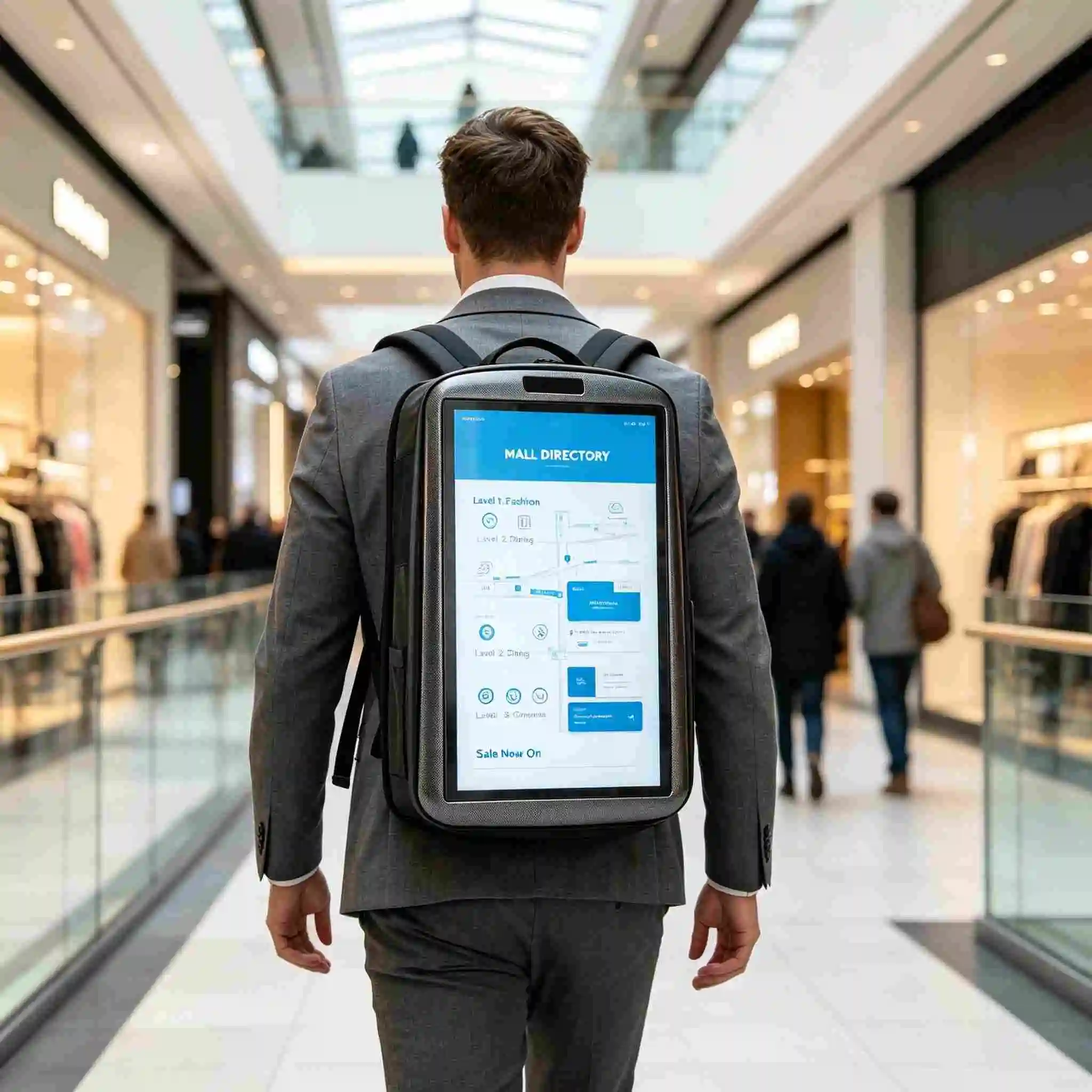 Backpack digital signage wearable display, staff in exhibition hall showing brand launch advertisement