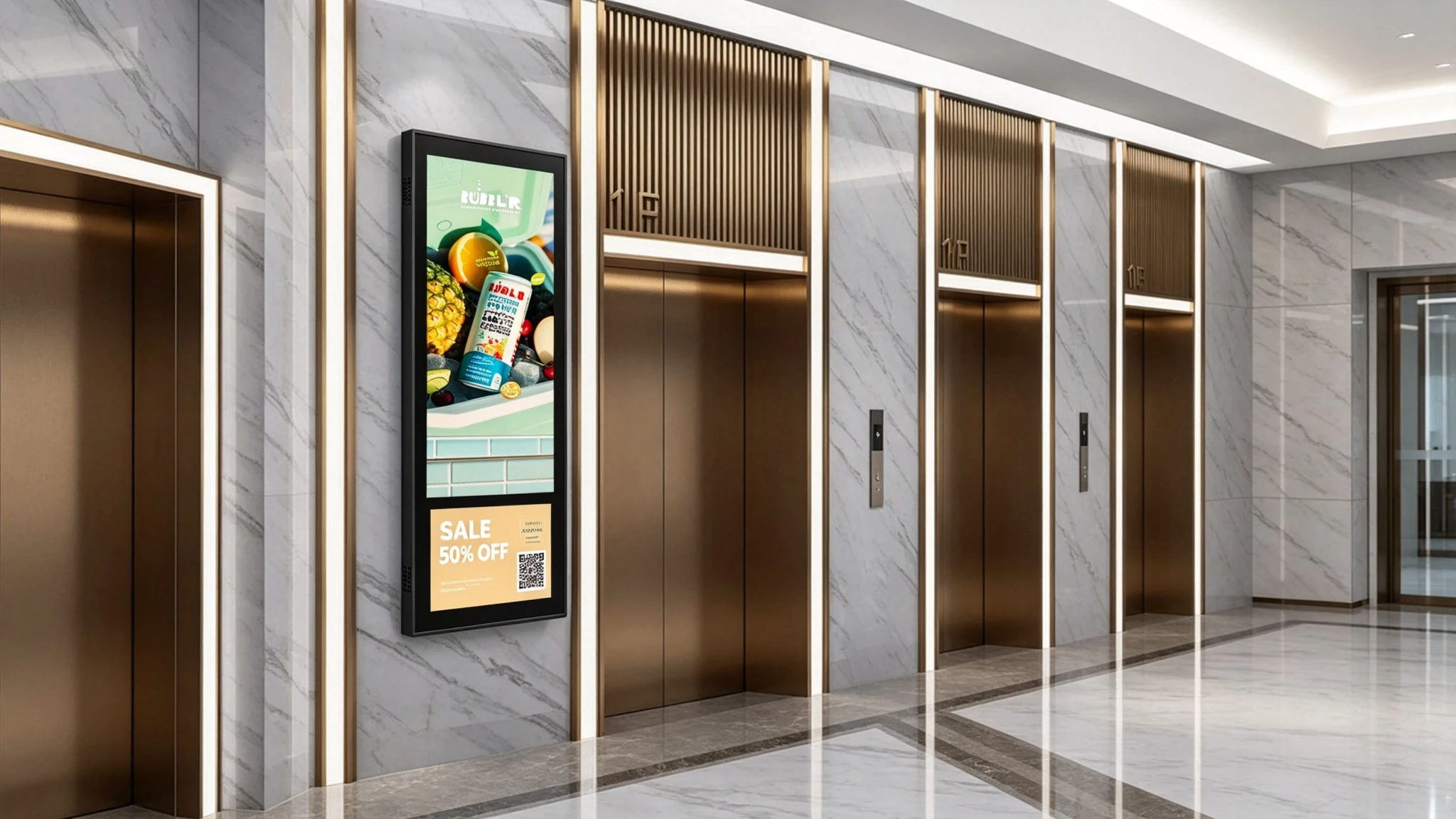 Dual-screen elevator advertising display mounted on wall with 18.5-inch main screen and 10.1-inch secondary screen in elevator lobby