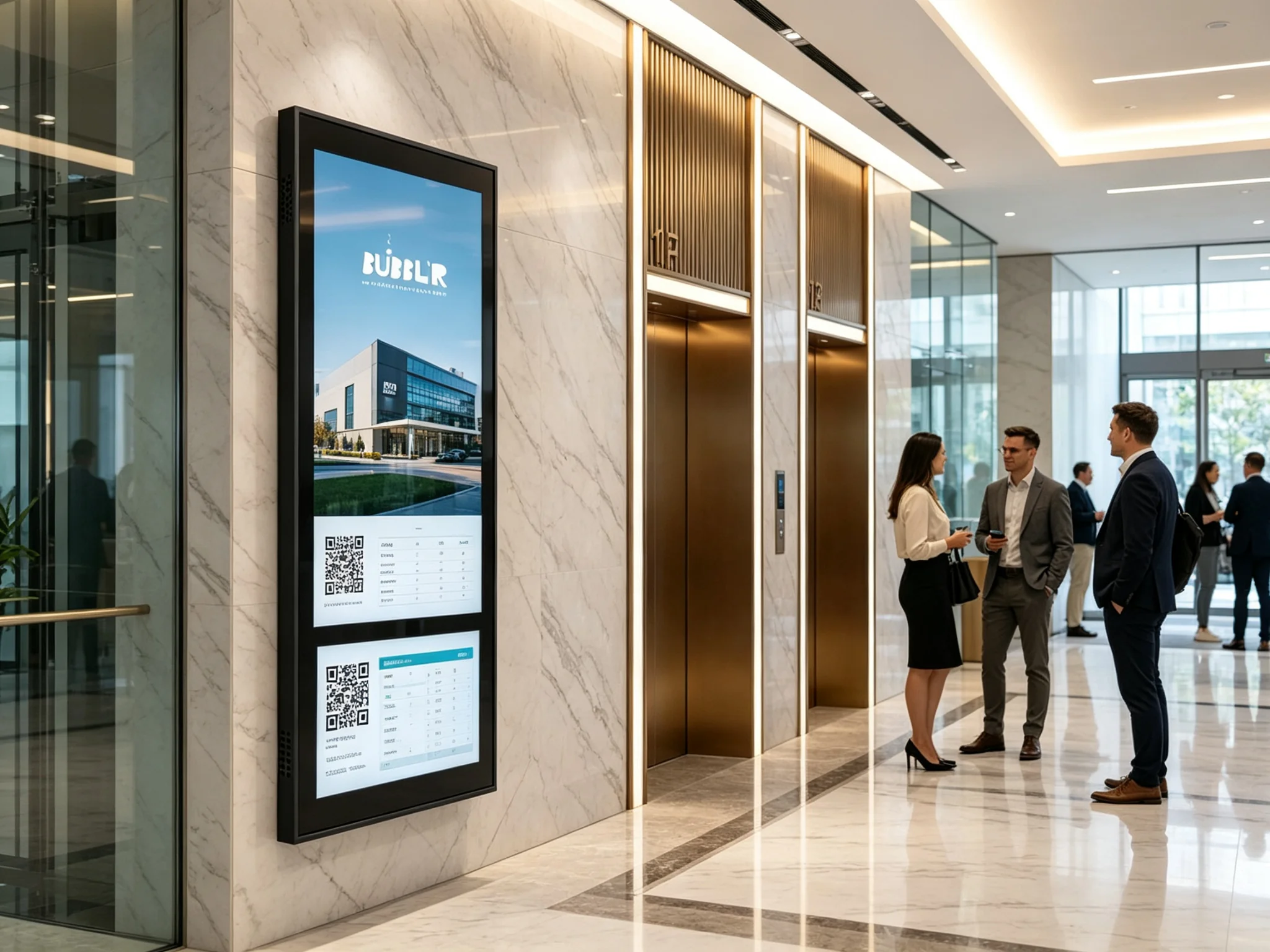 Dual-screen elevator digital signage installed in modern office building lobby with professionals waiting for elevator