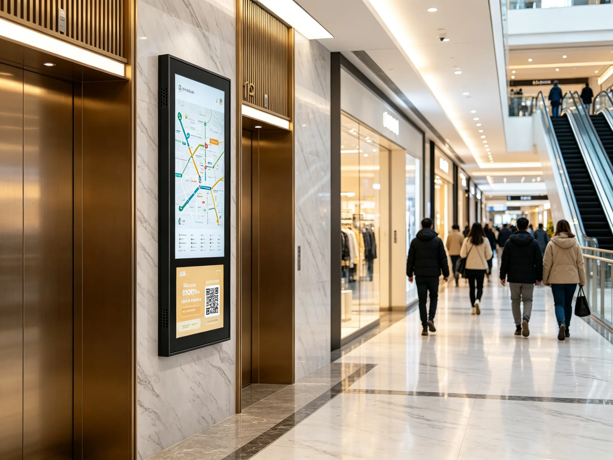 Dual-screen elevator digital signage installed in shopping mall elevator displaying wayfinding information on upper screen and promotional offers on lower screen