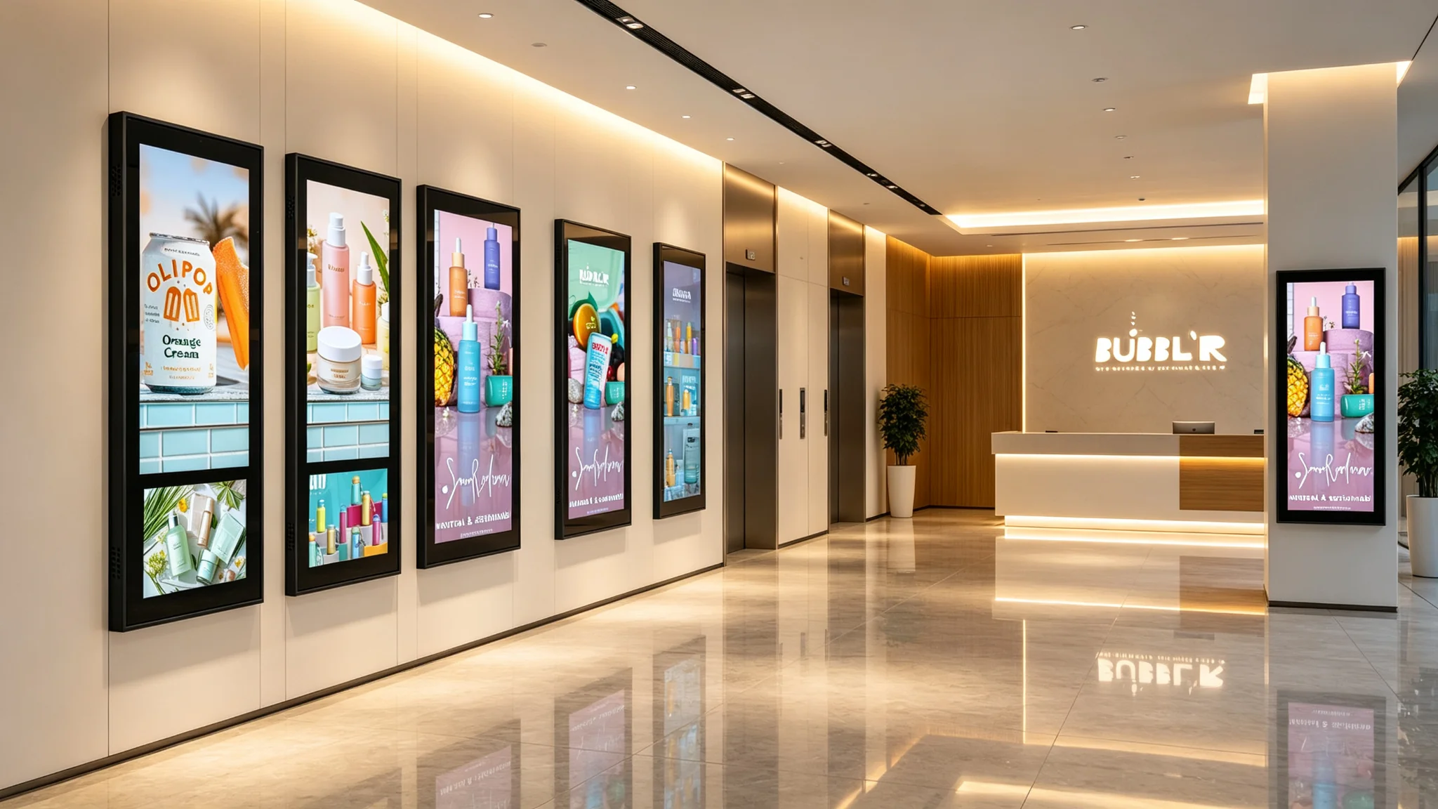 Dual-screen elevator display factory showroom and client case study logos trusted by property managers and advertising operators worldwide