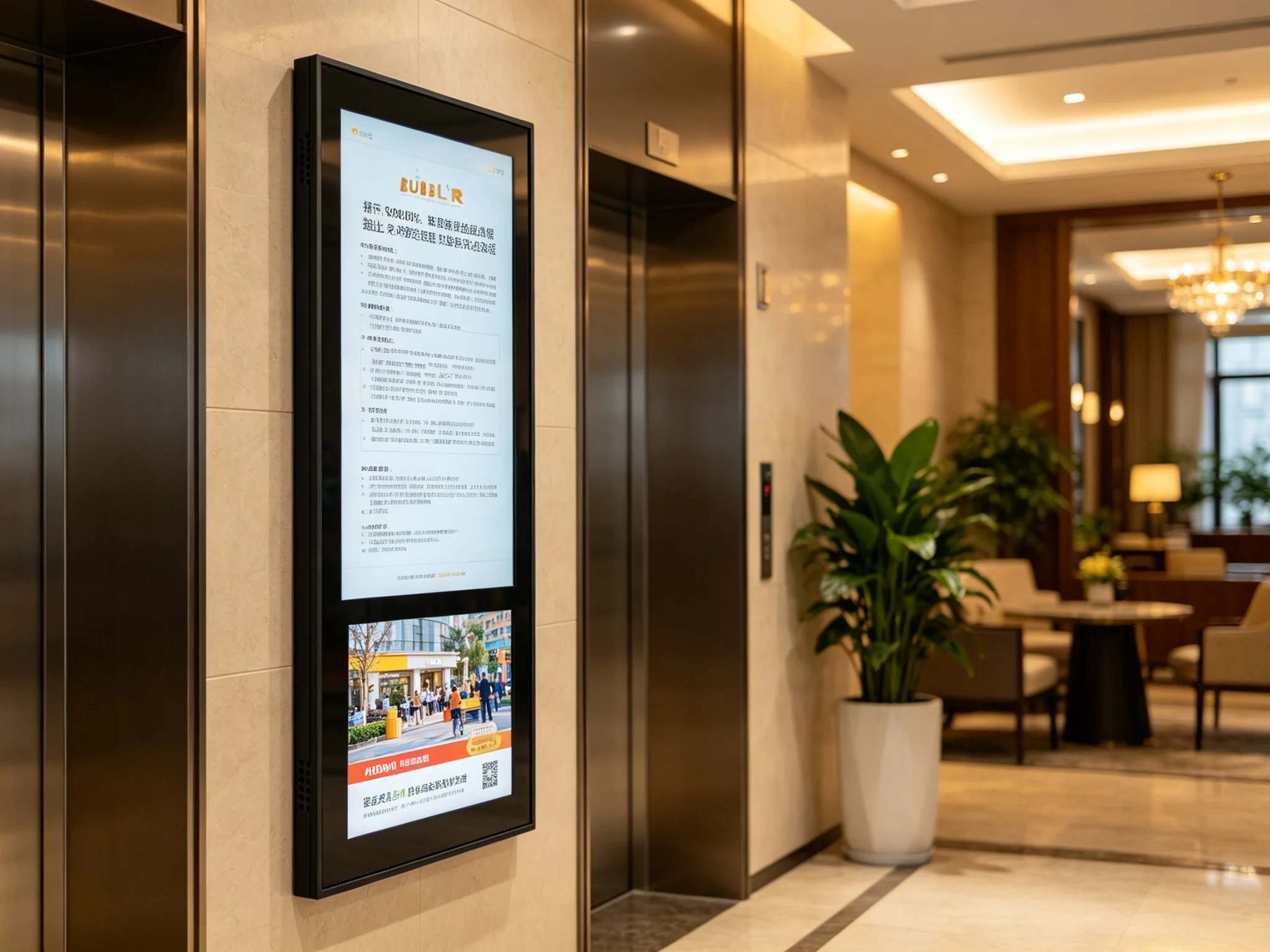 Dual-screen elevator display in residential tower lobby showing property announcement on upper screen and community commercial ad on lower screen