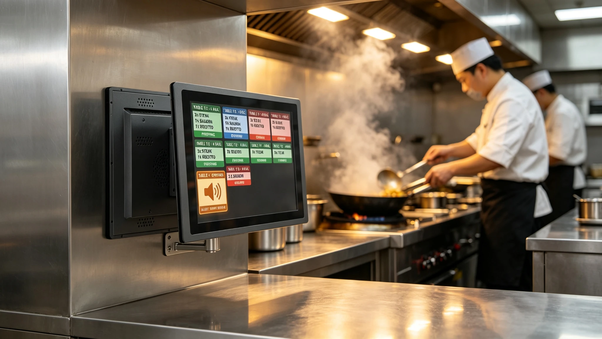 Qtenboard commercial kitchen display screen with durable metal housing installed in demanding high-temperature commercial kitchen environment