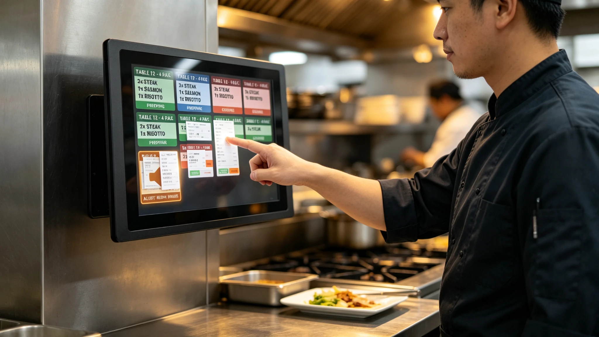 Kitchen staff touching Qtenboard multi-touch KDS screen for fast order checking during busy kitchen operations