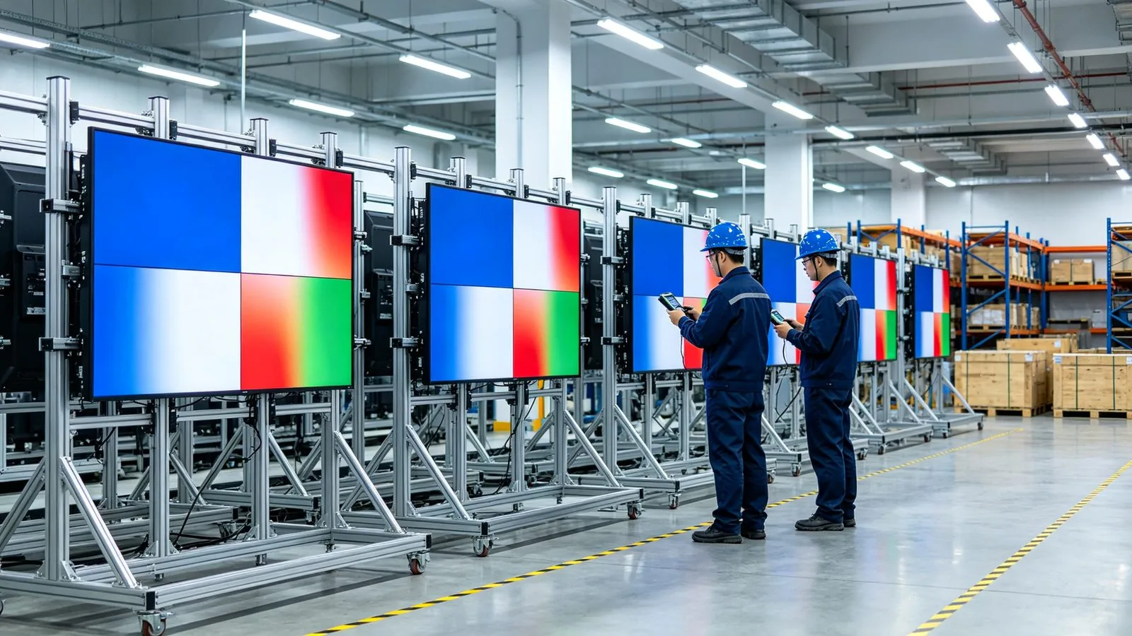 Video wall panels going through aging test on the production line