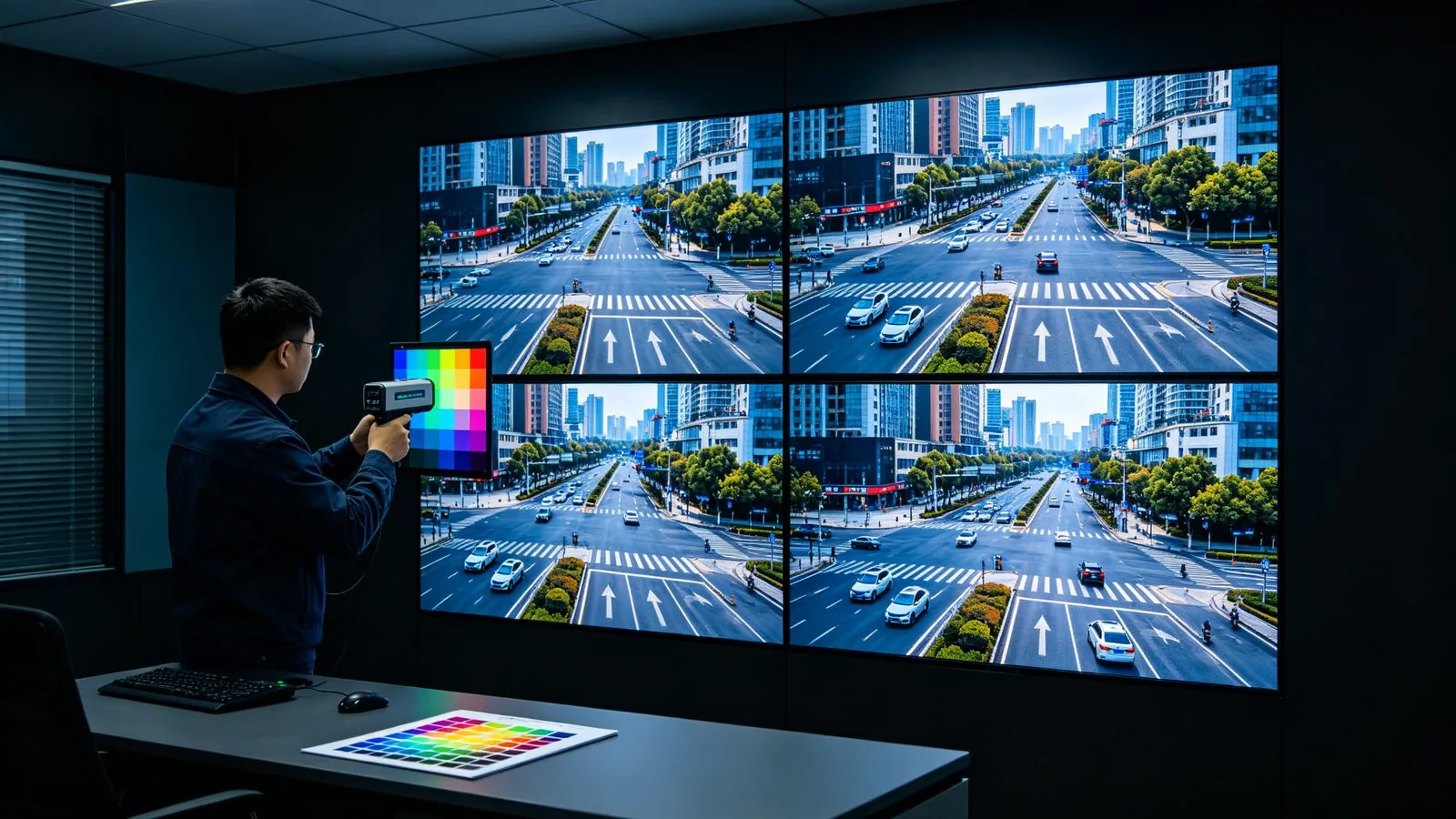 Technician calibrating color accuracy on a 2 by 2 LCD video wall
