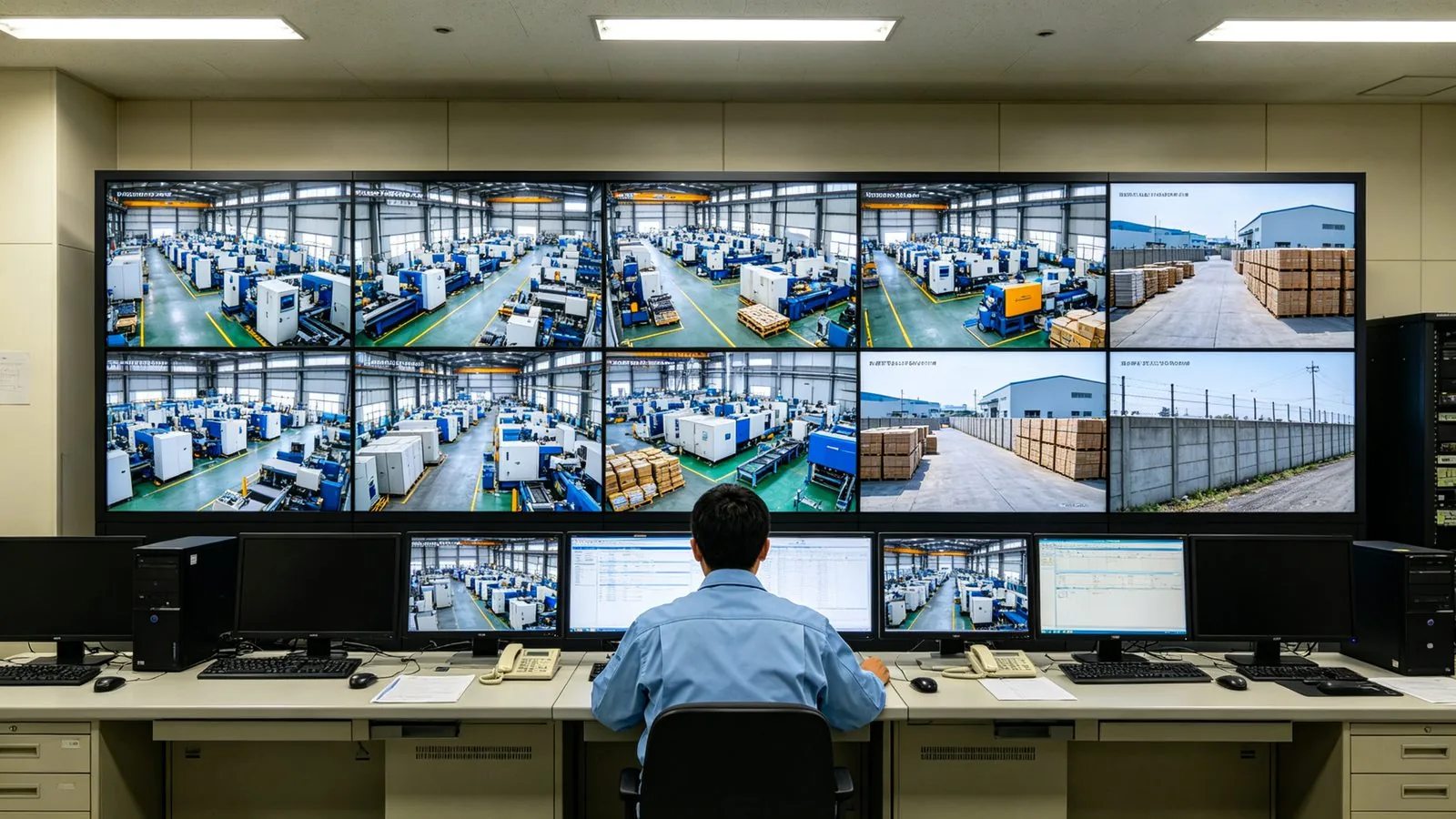 Industrial park security monitoring room with video wall