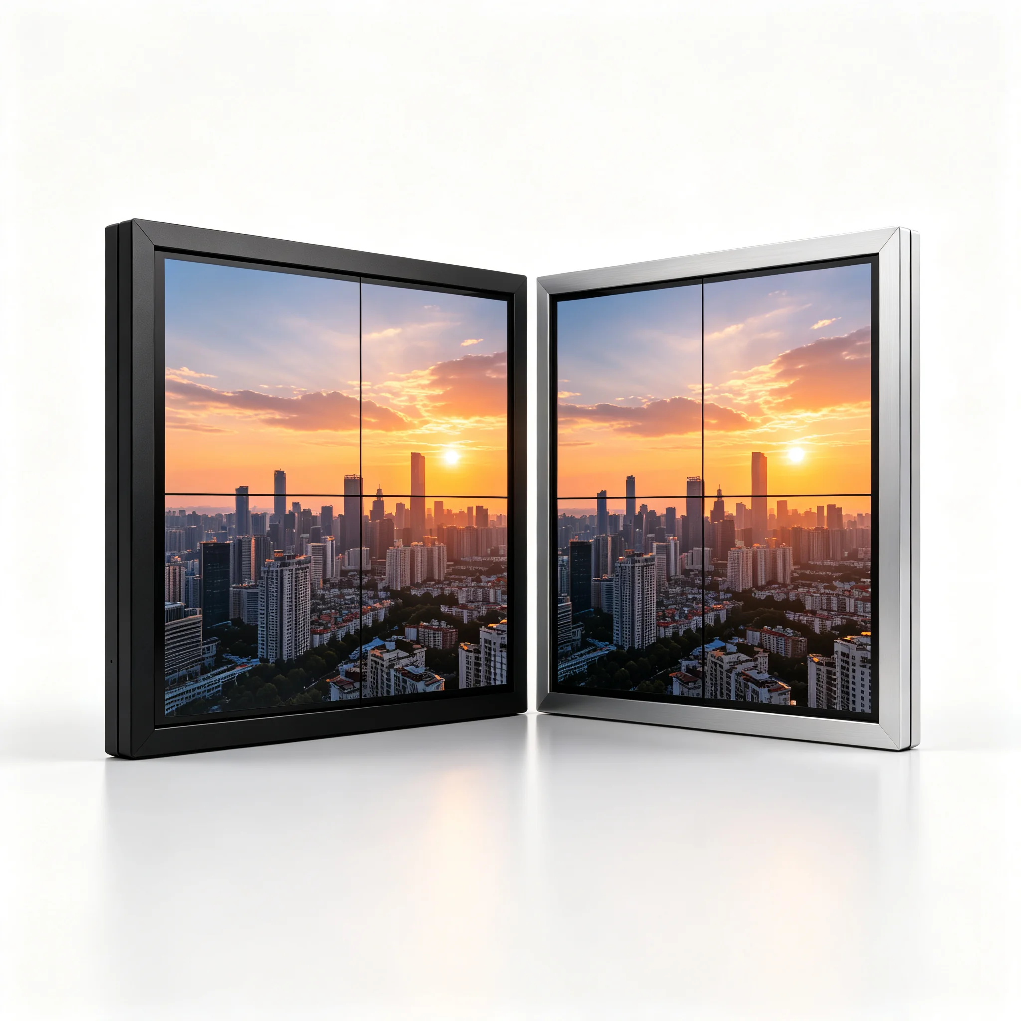 Black and silver chassis LCD video wall panels showing OEM customization options
