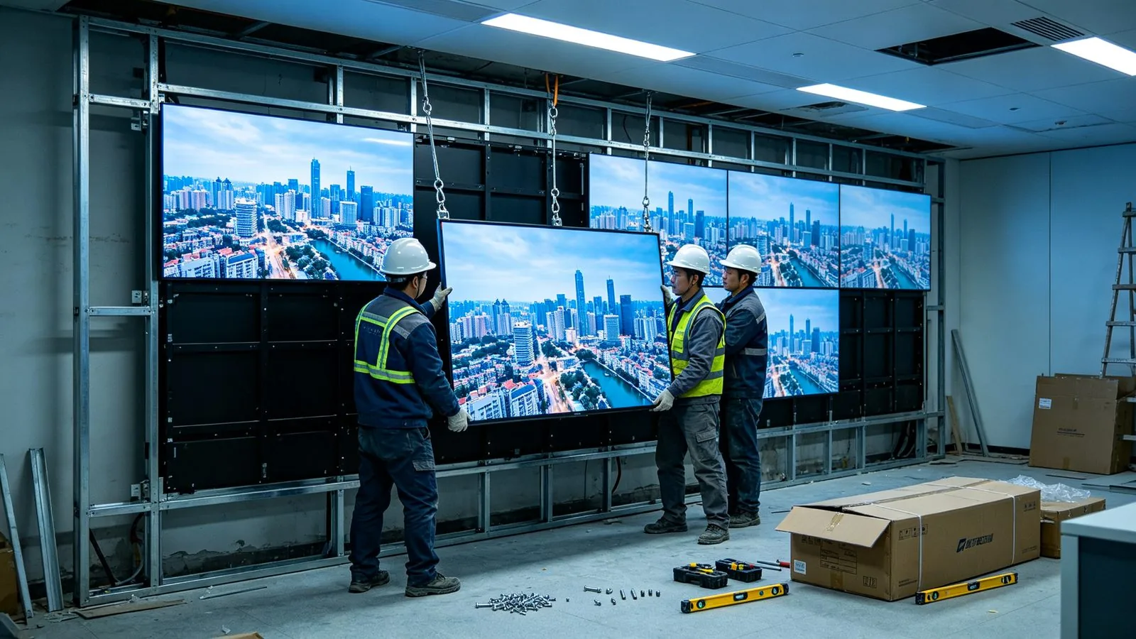 Engineers installing LCD panels on a steel video wall mounting frame