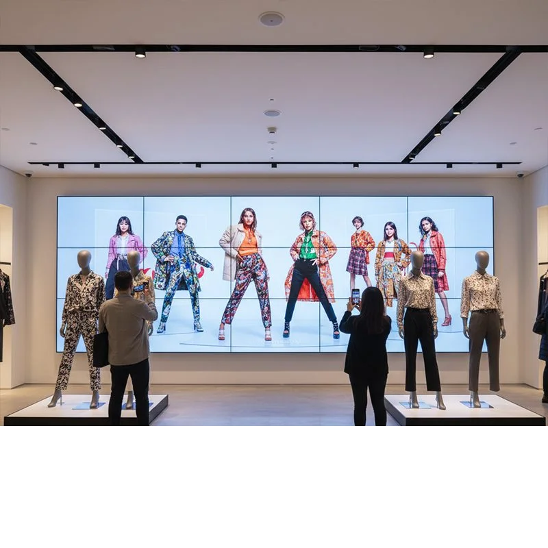 LCD video wall application in retail fashion store displaying runway show on full wall with mannequins