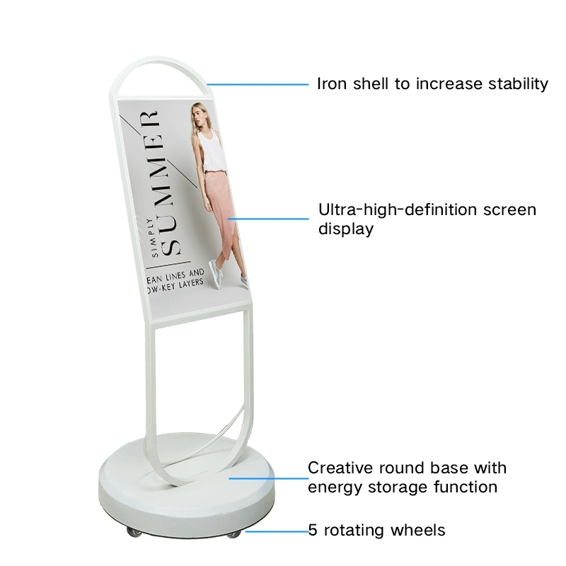 Features of a white digital signage kiosk, including an iron shell, rotating wheels, and a round base with energy storage