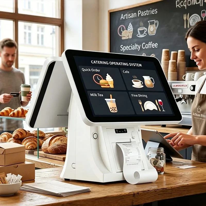 Qtenboard POS terminal on a cafe counter with catering operating system UI for quick order cafe milk tea fine dining