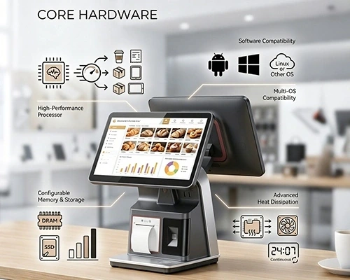 Qtenboard POS core hardware diagram showing processor memory storage operating system and heat dissipation