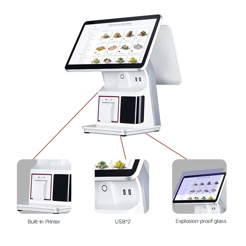 Qtenboard dual screen POS cash register with built in printer dual USB ports and explosion proof glass callout diagram