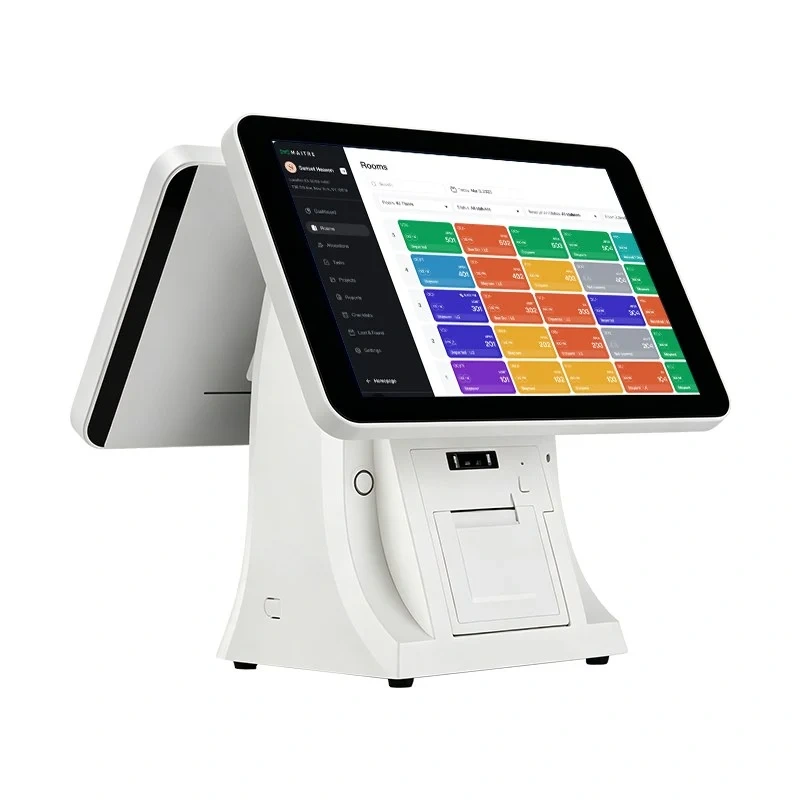 Qtenboard dual screen POS cash register with customer facing display showing room booking grid