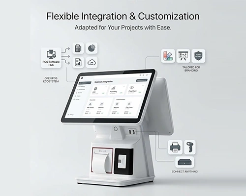 Qtenboard POS flexible integration ecosystem diagram connecting POS software hub and peripherals
